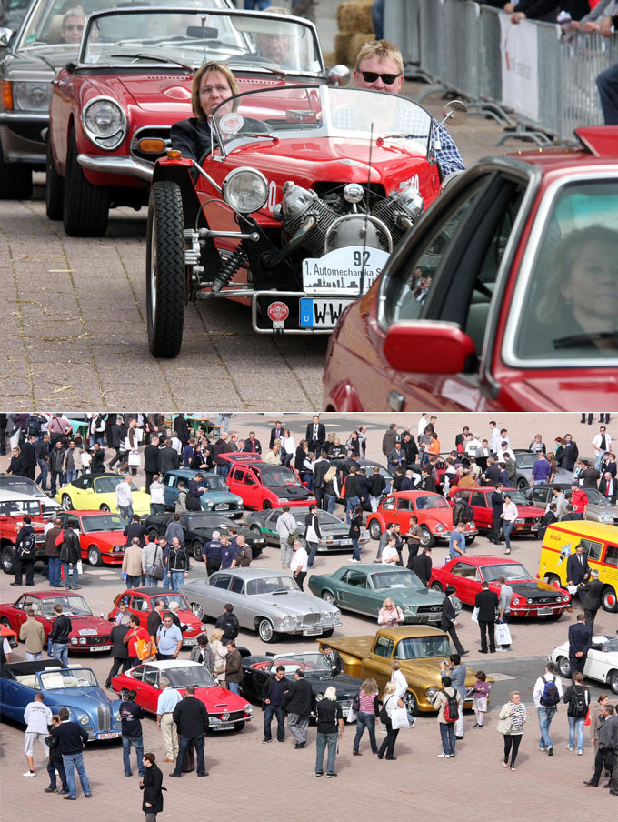 Antique and other show cars at the Agora outdoor area.