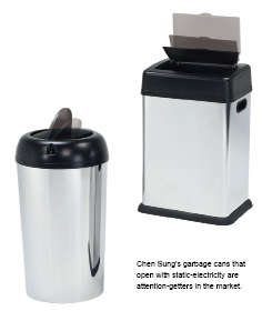 Chen Sung`s garbage cans that open with static-electricity are attention-getters in the market.