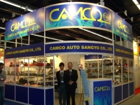 Bruce Liu (right), chairman of Camco, and his company's booths at Automechanika Frankfurt, the world's largest auto-parts trade fair.