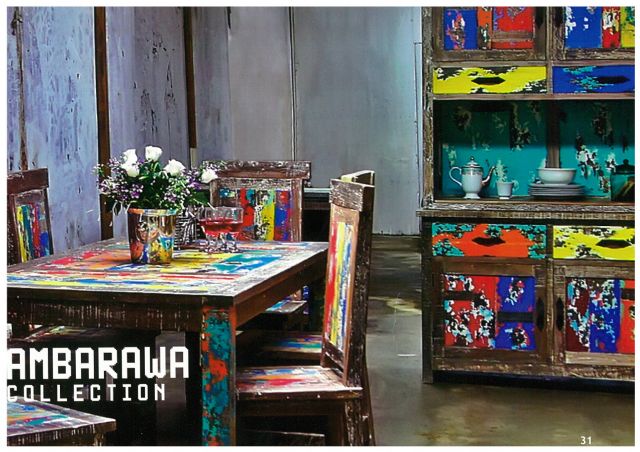 Wisanka’s dining room sets are made of reclaimed boat wood showing different colors from repeated paintings.