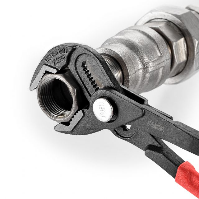 Daiken's newest water pump plier with a quick-adjust button has a larger gripping capacity of up to 50mm.
