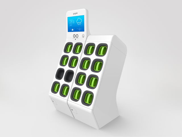 The GoStation battery-swapping station developed by Gogoro looks like an auto teller machine with eight slots for  battery packs used also on Teslas. (photo from Gogoro) 