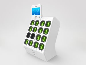 The GoStation battery-swapping station developed by Gogoro looks like an auto teller machine with eight slots for  battery packs used also on Teslas. (photo from Gogoro) 