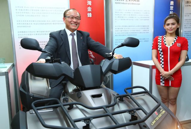 Huang rides on the Gold-award winning item, TGB 1,000cc ATV.
