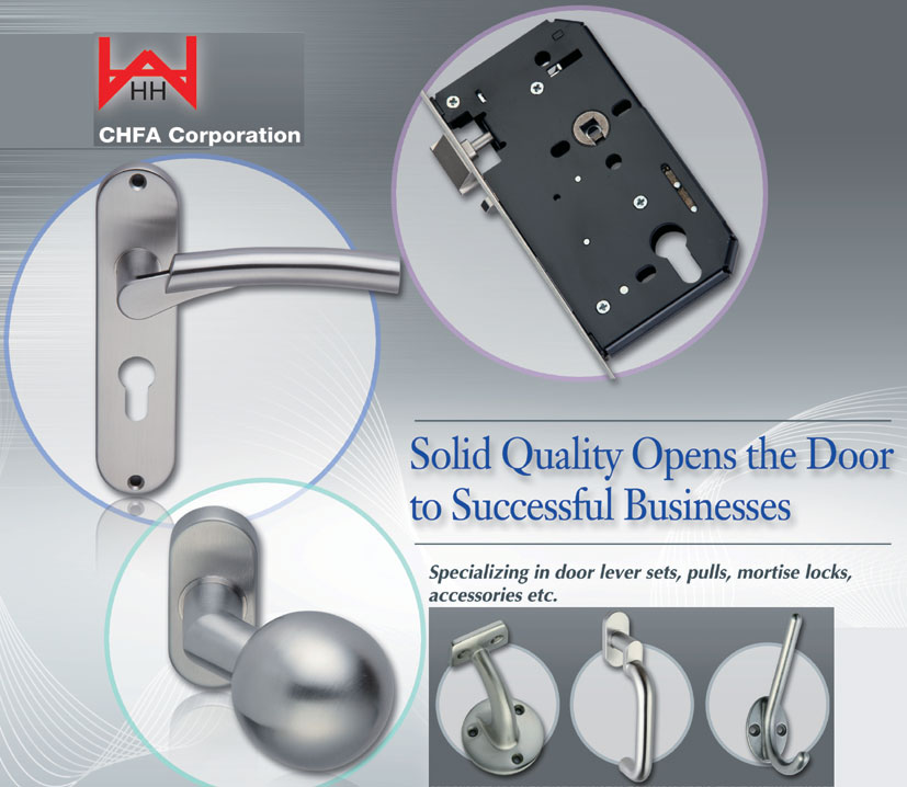 CHFA offers an array of high-quality door lever sets, pulls, mortise locks and ac- cessories.
(photo provided by CHFA Corp.)
