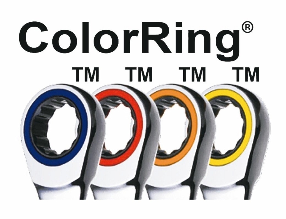 章隆公司將紅、藍、黃、橙色環形商標運用於各式扳手頭部飾環之固定位置，以表達製造來源為章隆公司。 章隆公司／提供