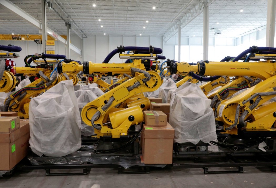 日本機械手臂大廠發那科（Fanuc）在美國工廠的機器手臂存貨。路透