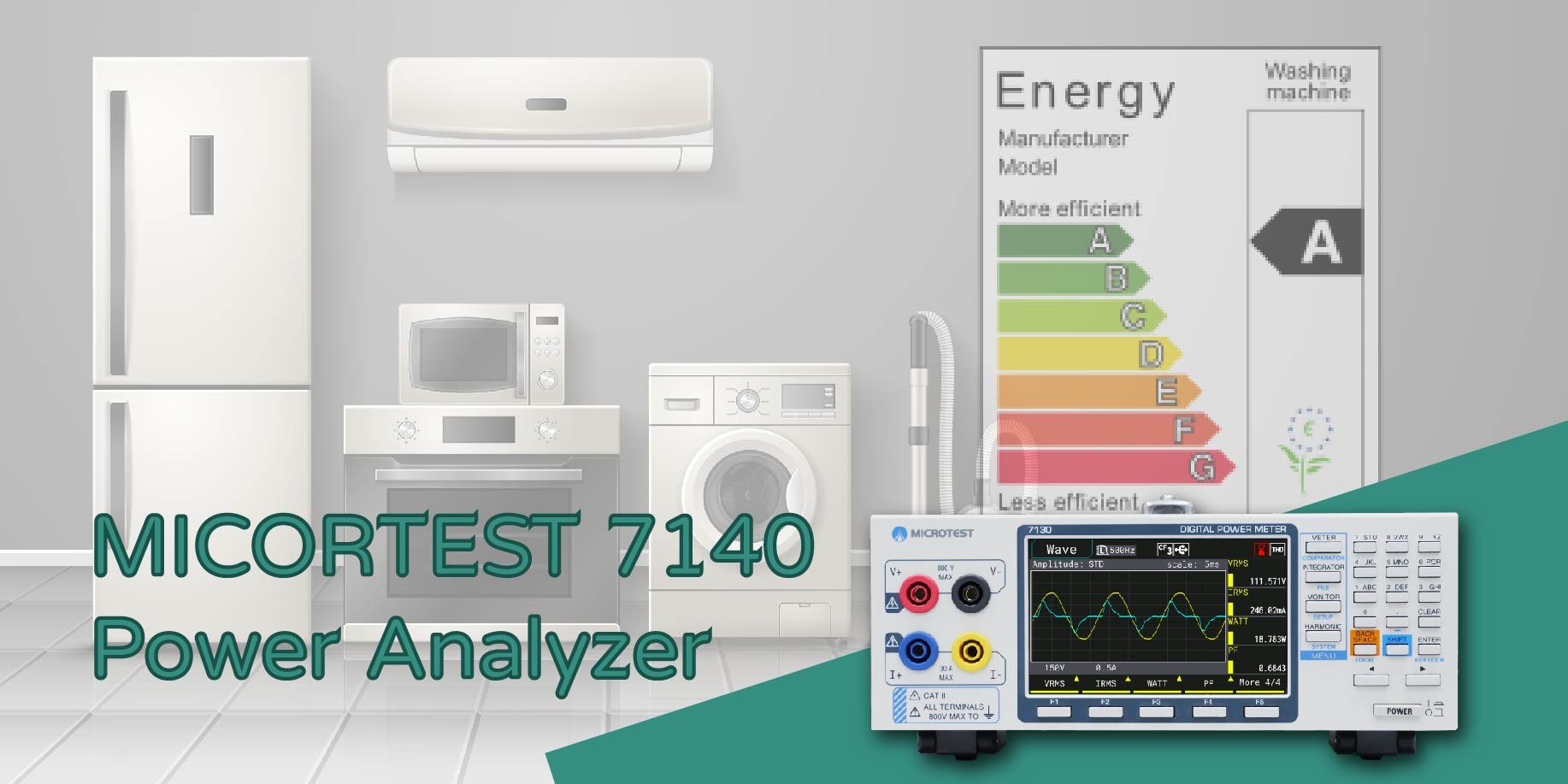 <strong>MICROTEST 7140 Power Analyzer</strong><br/>MICROTEST 7140 supports up to 800V input voltage and 30A input current, with 100th-order Harmonic Analysis. It offers a testing bandwidth from DC to 100kHz, a high-speed sampling rate of 500kSPS, and a power measurement accuracy of ±0.05%.