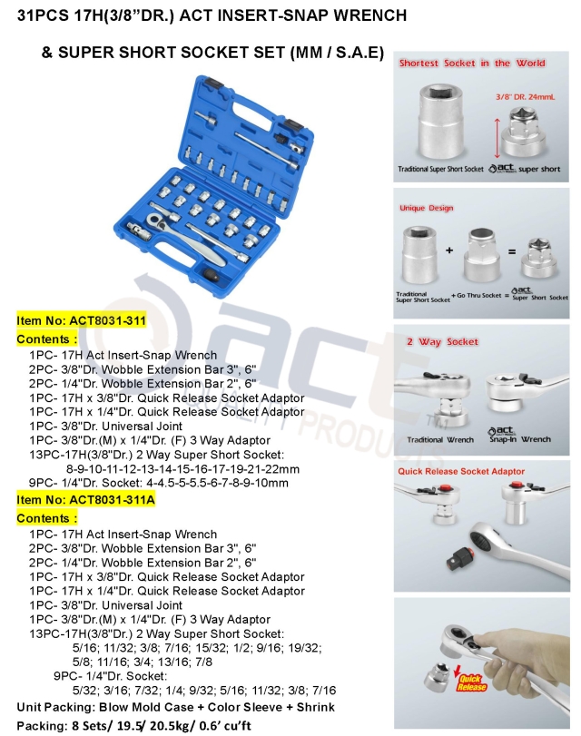 31PCS 17H(3/8”DR.) ACT INSERT-SNAP WRENCH & SUPER SHORT SOCKET SET (MM / S.A.E)