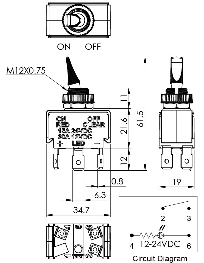4P SPST ON-OFF Toggle Switch with LED indicated FE-A17108RW