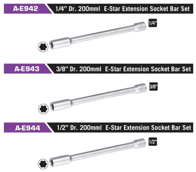 A-E942 1/4” Dr. 200mml E-Star Extension Socket Bar Set