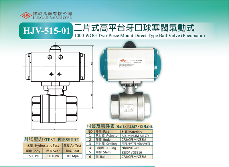 HJV-515-01 1000 WOG 2-PC Mount direct type ball valve(Pneumatic)