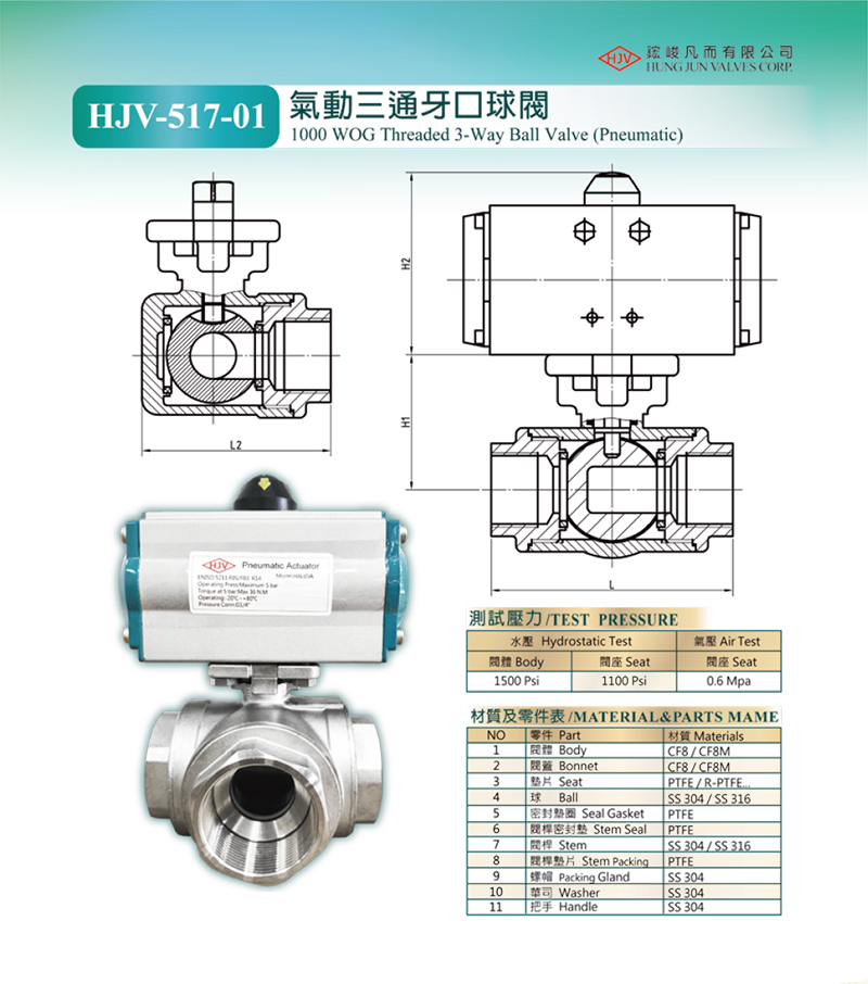 HJV-517-01  1000 WOG threaded 3-way valve (Pneumatic)