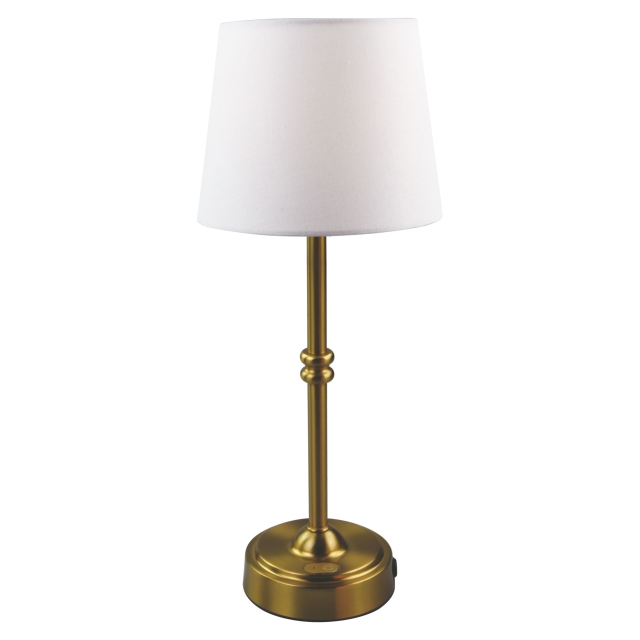 Antique Brass Cordless Table Lamp with Linen Shade