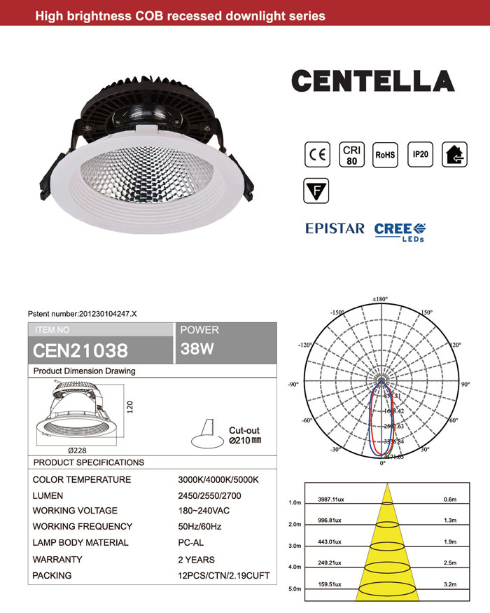 RECESSED CEILING CRI80 CREE or EPISTAR 38W COB LED DOWNLIGHT