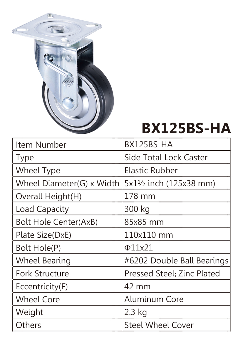 125mm Japan Holt Center Trolley Rubber Wheel with Brake