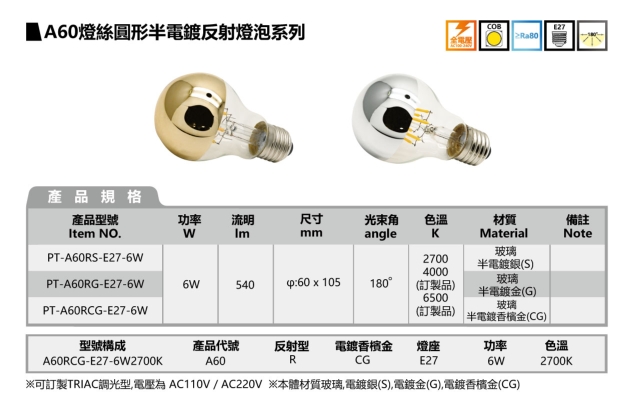 A60 燈絲圓形半電鍍反射燈泡系列