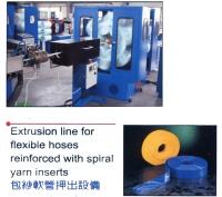 Extrusion line for flexible hoses reinforced with spiral yarn inserts