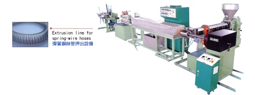 Extrusion line for spring-wire hoses