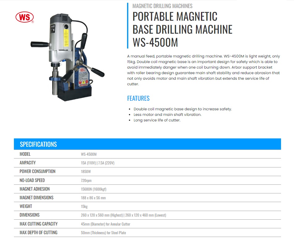 WS-4500M Portable Magnetic Drilling Machine / Portable Magnetic Core Drill