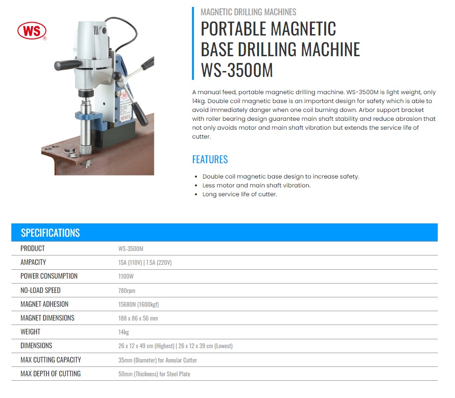 WS-3500M Portable Magnetic Drilling Machine, Magnetic Core Drill