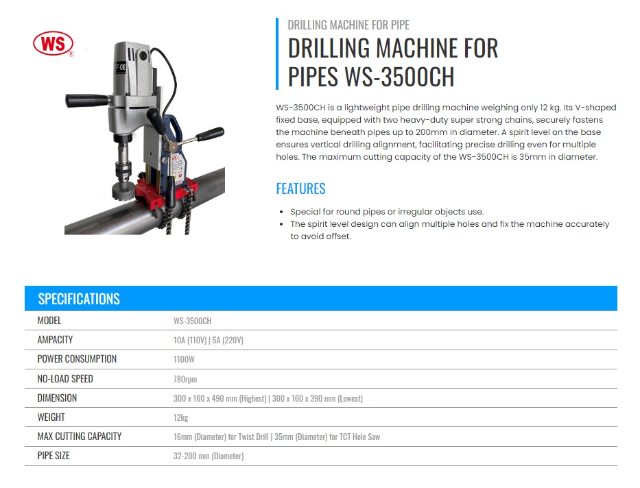 WS-3500CH Drilling Machine with Chain (for Round Pipe) , Pipelines Drilling Machine,