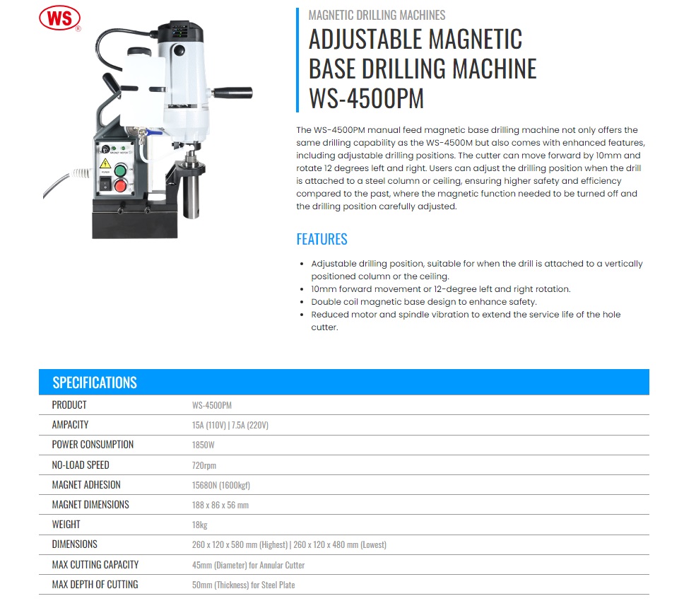 WS-4500PM Magnetic Drilling Machines, Adjustable Magnetic Base Drilling Machine