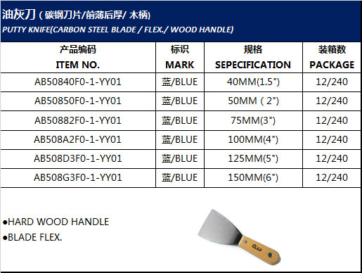 PUTTY KNIFE(CARBON STEEL BLADE / FLEX./ WOOD HANDLE)